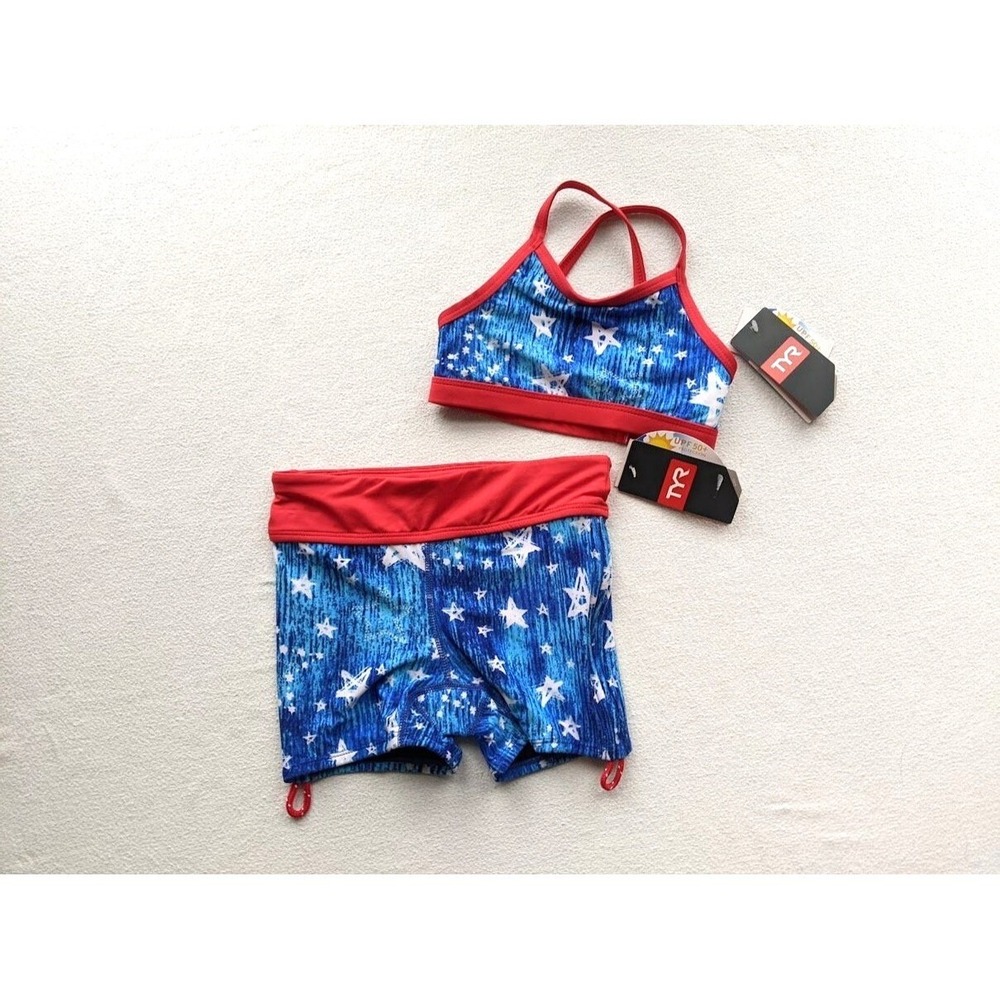 TYR Kids Two Piece Swimsuit Size Small 6X Twinkle USA Patriotic UPF 50+ NEW